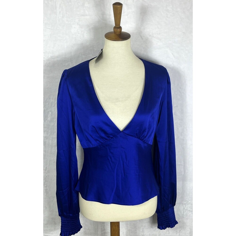 Lulus Women's Blouse V-Neck Smocked Wrist Cuffs Royal Blue Size Medium NEW